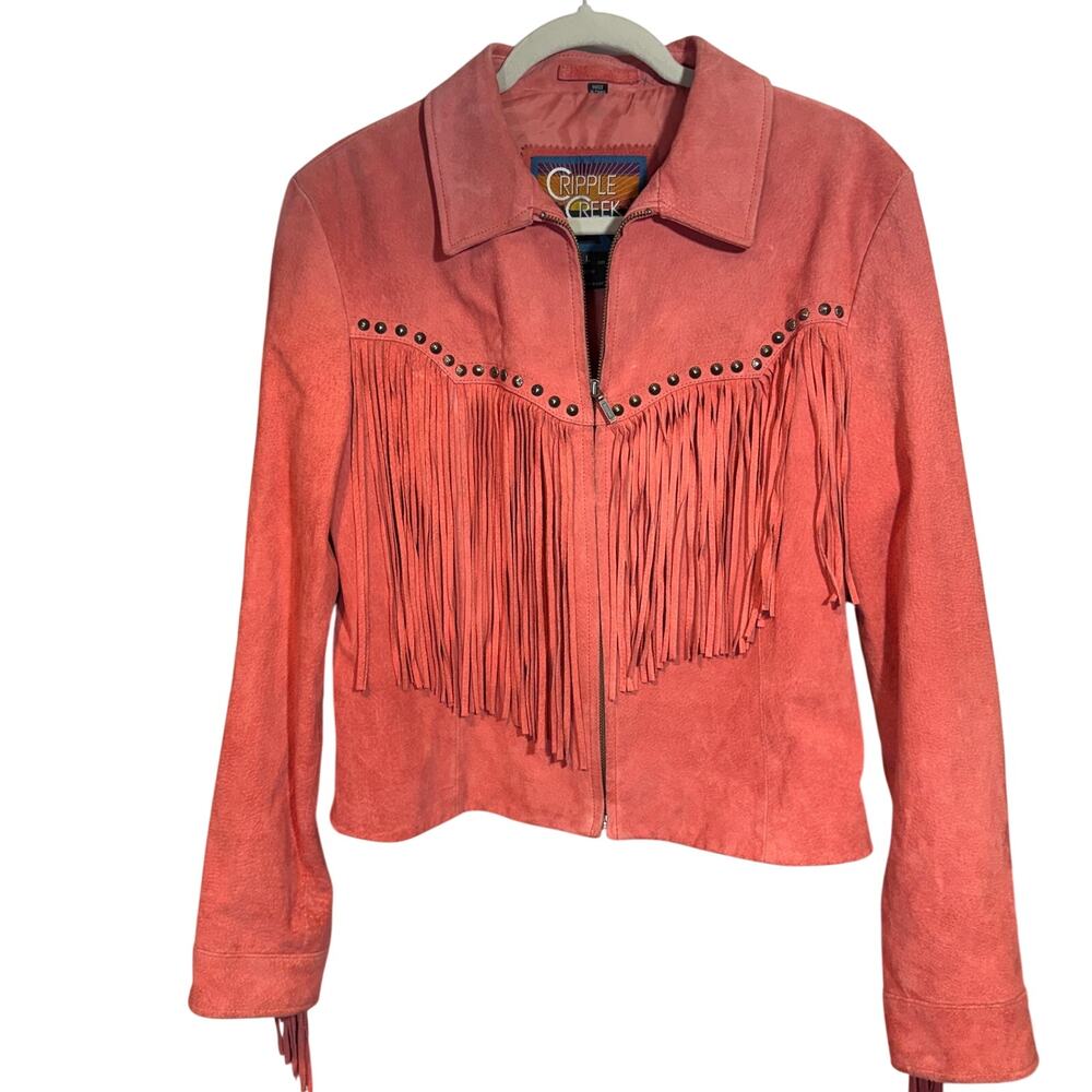 Cripple Creek Pink Suede Studded Leather Cowgirl Western Boho Fringe Jacket L